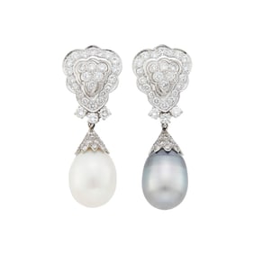 Pair of Platinum, Diamond and South Sea and Tahitian Gray Cultured Pearl Pendant-Earclips