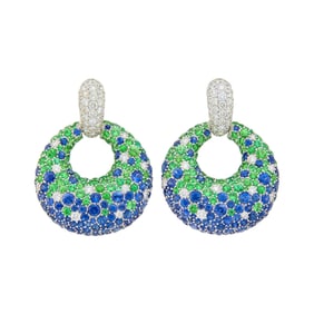 Pair of White Gold, Tsavorite Garnet, Sapphire and Diamond Door Knocker Earrings