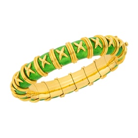 Tiffany & Co., Schlumberger Gold and Paillonné Lime Green Enamel 'Croisillon' Bangle Bracelet,