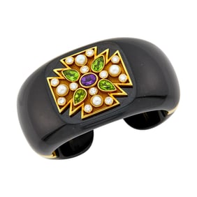 Verdura Black Jade, Gold, Gem-Set, Diamond and Cultured Pearl Maltese Cross Cuff Bangle Bracelet