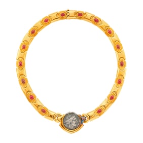 Bulgari Gold, Silver Coin and Cabochon Ruby Necklace