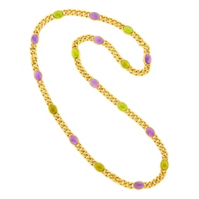 Bulgari Long Gold and Cabochon Colored Stone Curb Link Chain Necklace