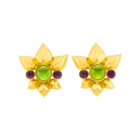 Verdura Pair of Gold, Cabochon Peridot and Amethyst Earclips