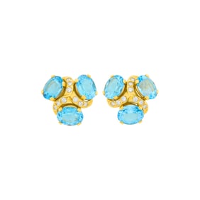 Verdura Pair of Gold, Blue Topaz and Diamond 'Three Stone' Earclips