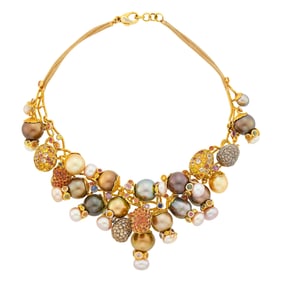 Tricolor Gold, Multicolored South Sea Cultured and Freshwater Pearl, Gem-Set and Colored Diamond Bib