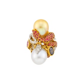 Gold, South Sea and Golden Cultured Pearl, Gem-Set, Colored Diamond and Diamond Serpent Ring
