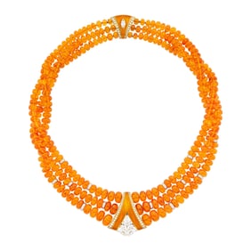 Henn of London Triple Strand Spessartite Garnet Bead, Two-Color Gold, Orange Enamel and Diamond