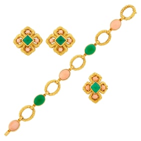 Van Cleef & Arpels Gold, Angel Skin Coral and Green Chrysoprase Bracelet, Pair of Earclips and Ring,