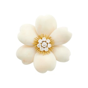 Van Cleef & Arpels Gold, White Coral and Diamond 'Rose de Noel' Clip-Brooch, France