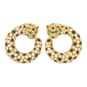 Pair of Gold, Diamond and Black Onyx Panther Hoop Earrings