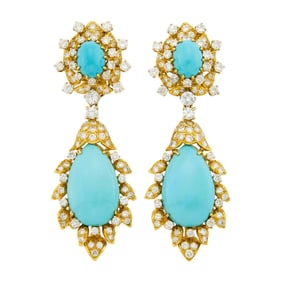 Pair of Gold, Low Karat White Gold, Turquoise and Diamond Pendant-Earclips