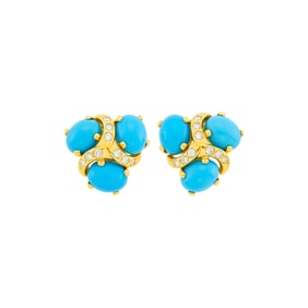 Verdura Pair of Gold, Turquoise and Diamond 'Three Stone' Earclips