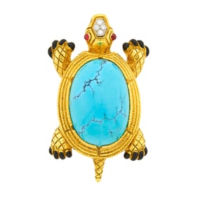 David Webb Gold, Platinum, Turquoise, Diamond and Black Enamel Turtle Pendant Clip-Brooch