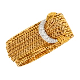 Wide Gold, Platinum and Diamond Fringe Mesh Bracelet, France