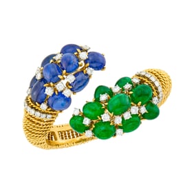David Webb Gold, Platinum, Cabochon Sapphire and Emerald and Diamond Crossover Bangle-Bracelet/Pair