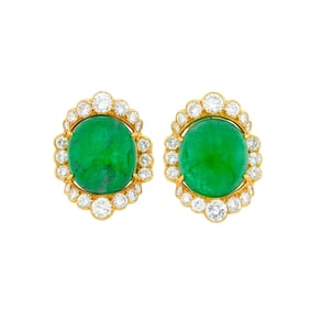 David Webb Pair of Gold, Platinum, Cabochon Emerald and Diamond Earclips