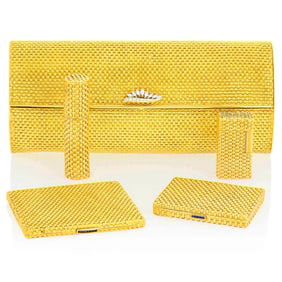 Two-Color Woven Gold Mesh and Diamond Clutch, Gold and Sapphire Cigarette Case, Gold Lighter and