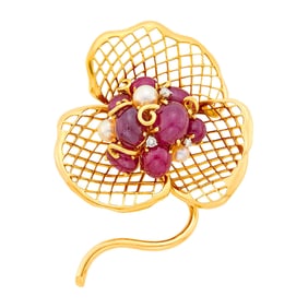 Seaman Schepps Gold, Cabochon Ruby, Cultured Pearl and Diamond Flower Clip-Brooch