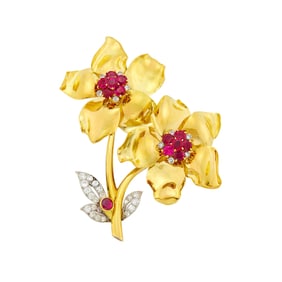 Cartier London Gold, Platinum, Ruby and Diamond Flower Clip-Brooch, France