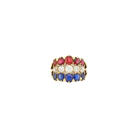 Three-Row Gold, Diamond, Ruby and Sapphire Ring