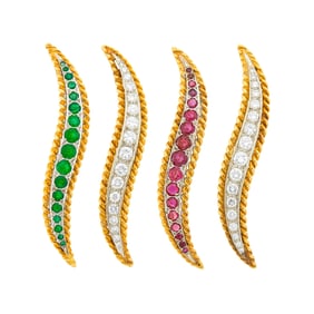 Van Cleef & Arpels Four Gold, Platinum, Emerald, Ruby and Diamond 'Flame' Brooches