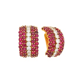 Van Cleef & Arpels Pair of Gold, Ruby and Diamond Bombé Half-Hoop Earclips