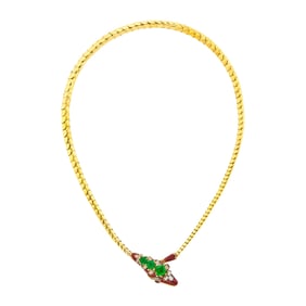 Antique Gold, Emerald, Diamond and Enamel Snake Necklace
