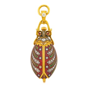 Antique Gold, Silver, Enamel and Diamond 'Scarabee' Pendant-Watch