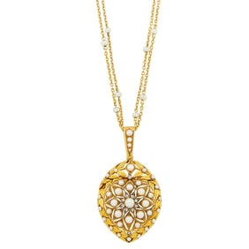 Antique Gold, Pearl and Diamond Locket with Long Gold and Pearl Chain Necklace