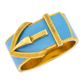 Antique Wide Gold and Turquoise Enamel Buckle Cuff Bangle Bracelet