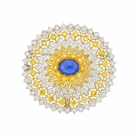 Buccellati Two-Color Gold, Cabochon Sapphire, Diamond and Colored Diamond 'Snowflake' Brooch