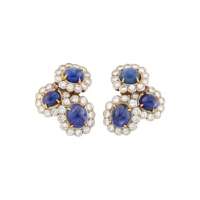 Van Cleef & Arpels Pair of Gold, Platinum, Cabochon Sapphire and Diamond Earclips, France