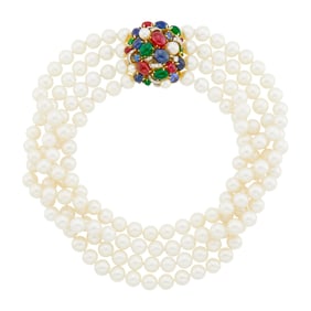 Seaman Schepps Four Strand Cultured Pearl Necklace with Two-Color Gold, Cabochon Colored Stone and