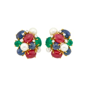 Seaman Schepps Pair of Gold, Cabochon Colored Stone, Cultured Pearl and Diamond 'Bubbles' Earclips