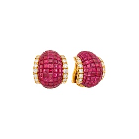 Sabbadini Pair of Gold, Invisibly-Set Ruby and Diamond Earclips