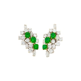Boucheron Paris Pair of Two-Color Gold, Emerald and Diamond Cluster Earclips