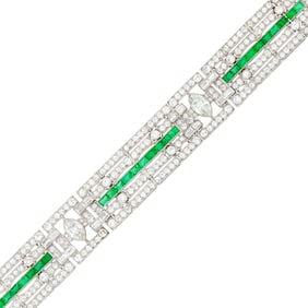 Platinum, Diamond and Emerald Bracelet