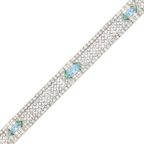 Platinum, Fancy Colored Diamond, Diamond and Emerald Bracelet