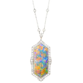 J.E. Caldwell & Co. Platinum, Black Opal and Diamond Pendant-Brooch with Platinum and Diamond Chain
