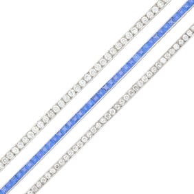Three Platinum, Diamond and Sapphire Straightline Bracelets