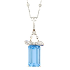 Platinum, Gold, Aquamarine and Diamond Pendant with Platinum and Diamond Chain Necklace