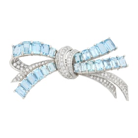 Platinum, Aquamarine and Diamond Bow Brooch