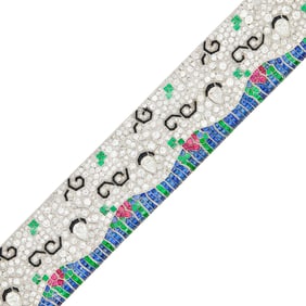 Fred Leighton Wide Platinum, Diamond, Colored Stone and Black Onyx Bracelet