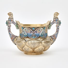 Russian Silver-Gilt and Cloisonné Enamel Two-Handled Bowl