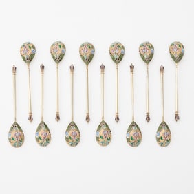 Set of Twelve Russian Silver and Cloisonné Enamel Spoons