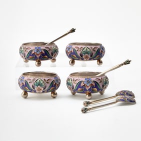 Set of Four Russian Silver and Cloisonné Enamel Salts