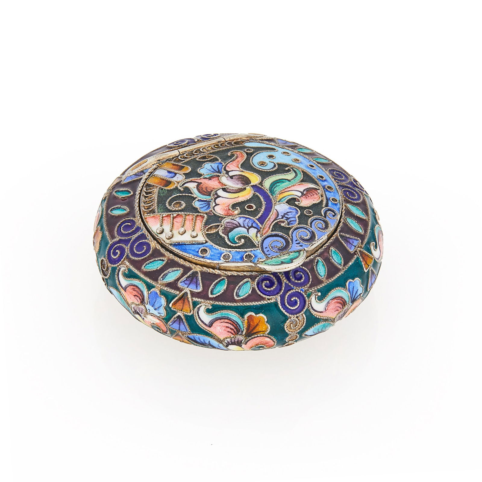Russian Silver-Gilt and Cloisonné Enamel Pill Box: Cyrillic maker’s mark BiG, Moscow, 1908-1917 Circular, with a hinged cover, enameled throughout with varicolored sh