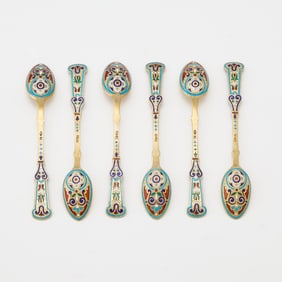 Set of Six Russian Silver-Gilt and Champlevé Enamel Spoons