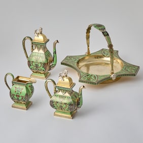 Rare Russian Silver-Gilt and Champlevé Enamel Tea and Coffee Service