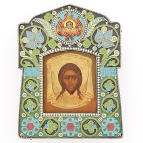 Russian Silver and Cloisonné Enamel Icon of the Mandylion